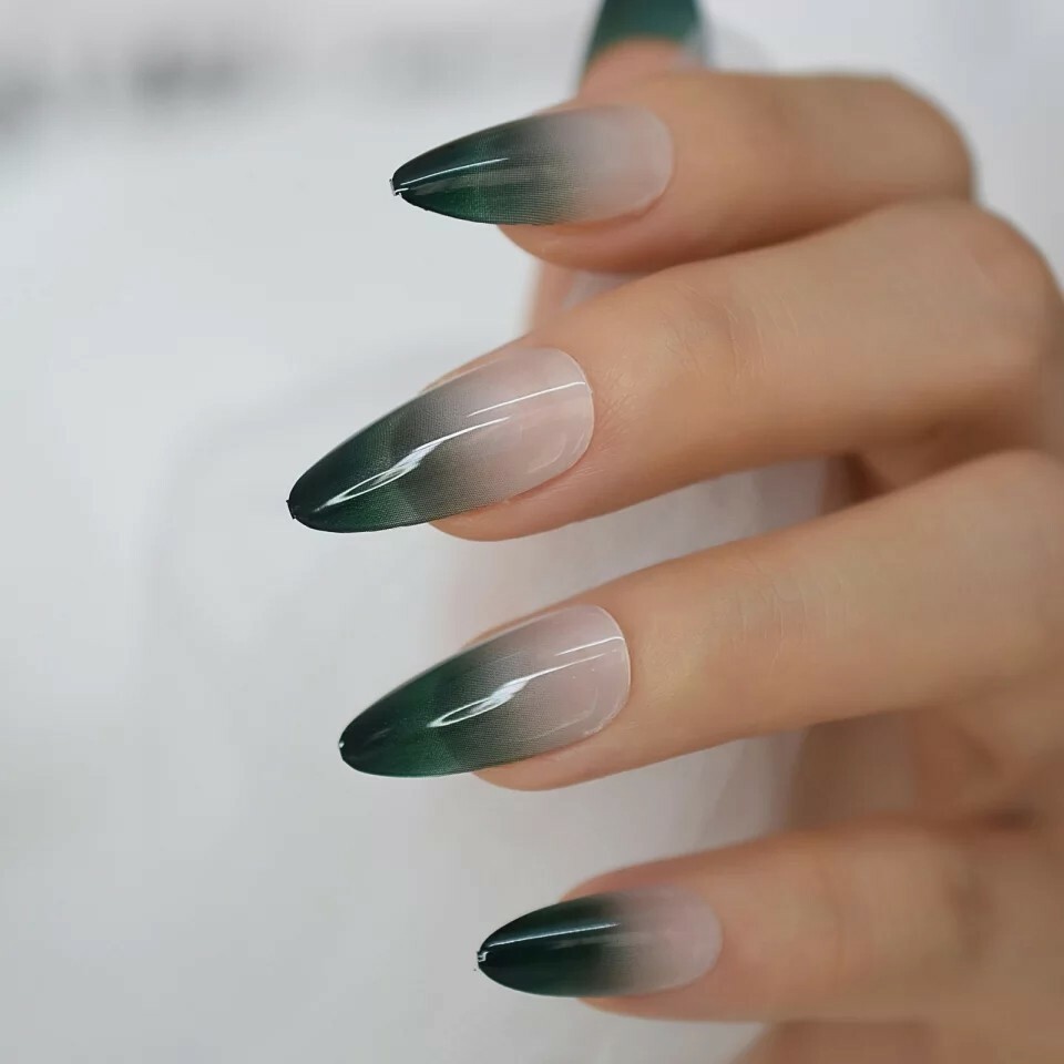 24 Ombre Green Press On Nails w/ Glue Nude Dark pointed almond stiletto goth