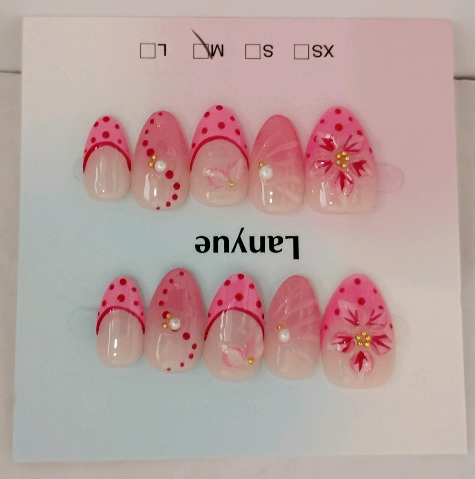 Press-On Nails Pink White Red 3D Floral Polka Dot Almond Short, Size M