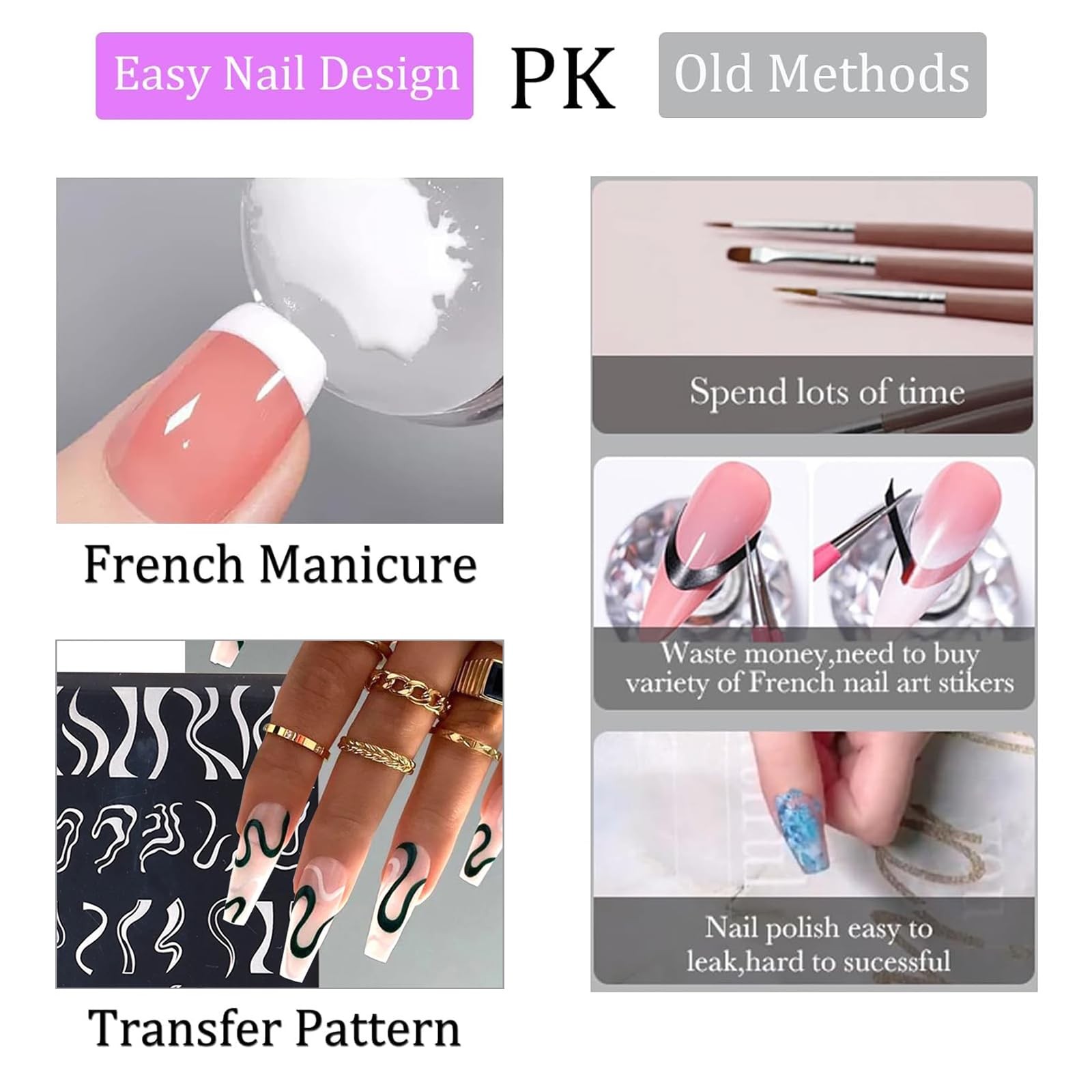 French Line Nail Stamper Plates Kit, 4Pcs Nail Stamping Plates + Dual-end Sil…