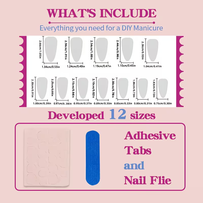 24pc Almond Shape Press On Nails 12 Sizes Full Cover Reusable Elegant Nail Set