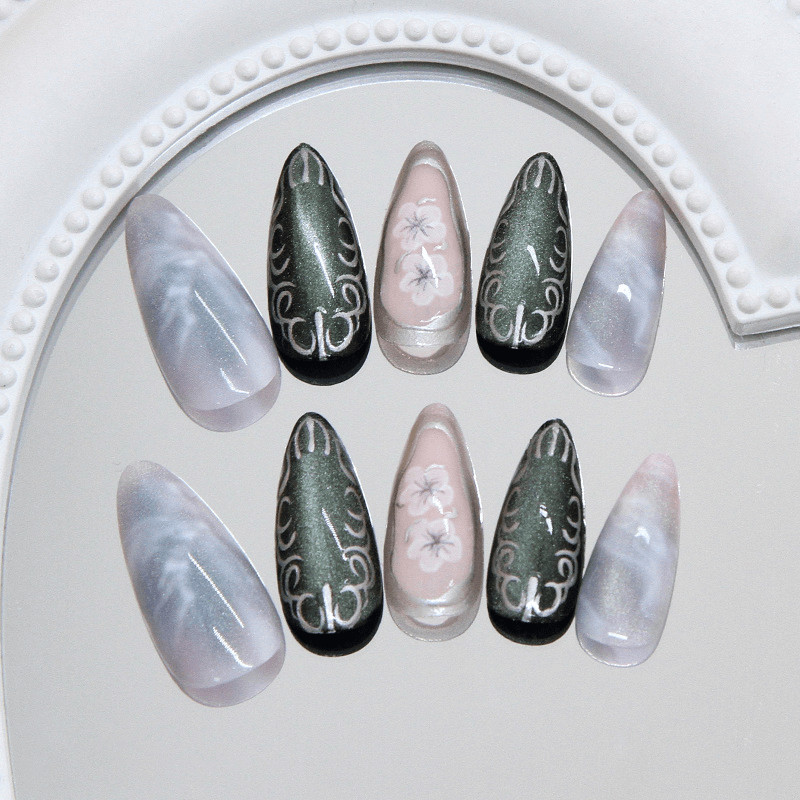 48p Dark Green Gradient Carved Nails,New Chinese Style Metal Line Press on Nails