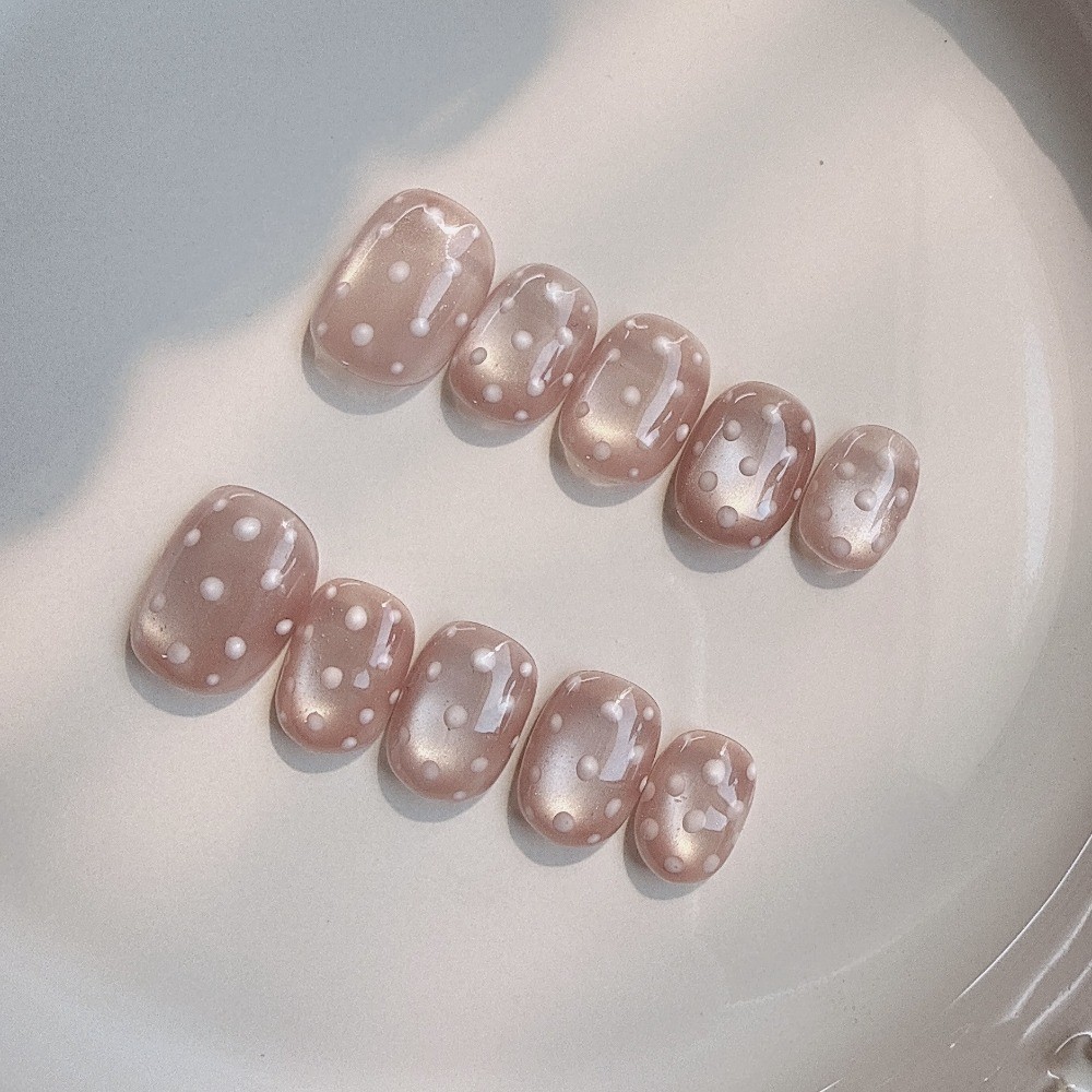 10Pcs Short Square Oval Polka Dot Nails Glass Bead Elegant Daily Nails