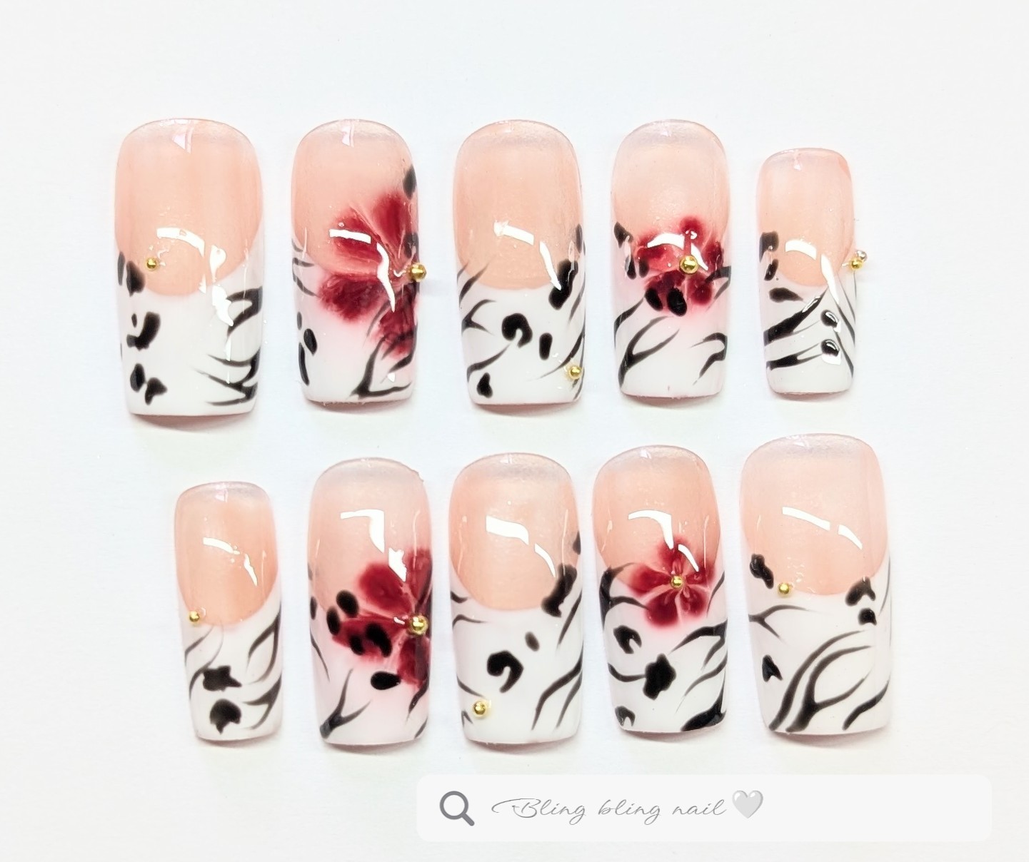 Leopard Print and 3D Red Flower / Hand Designed Press on Nails.