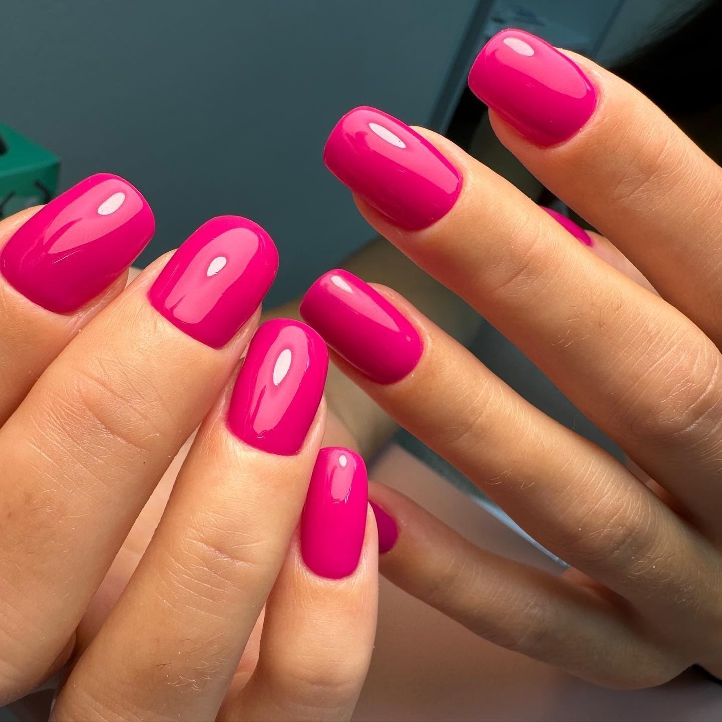 Square Press on Nails Short, 120Pcs Glossy Hot Pink Fake Nails Full Cover Acryli