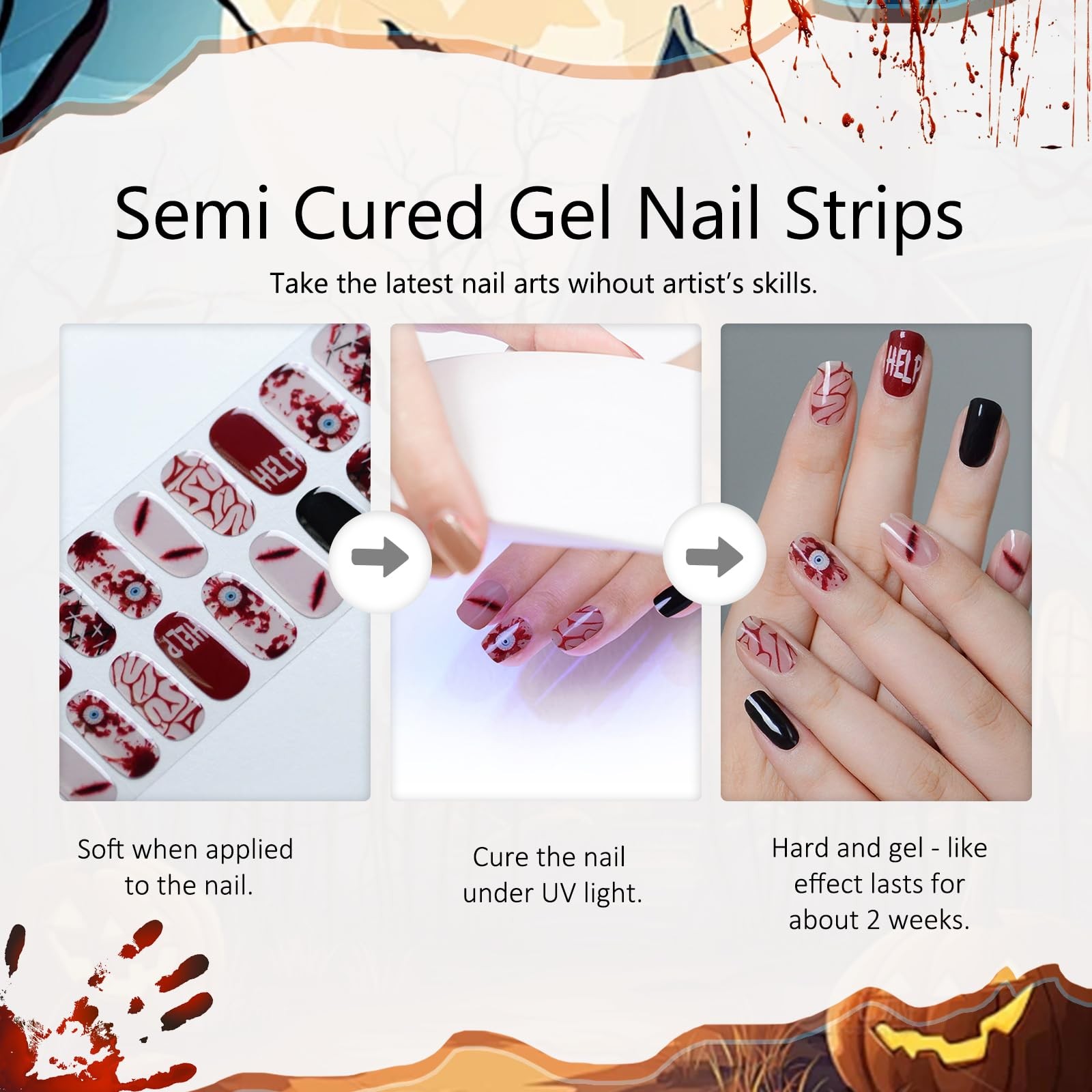 Halloween Semi Cured Nail Strips, 24 Tips Bloody Thrilling Halloween Designs …