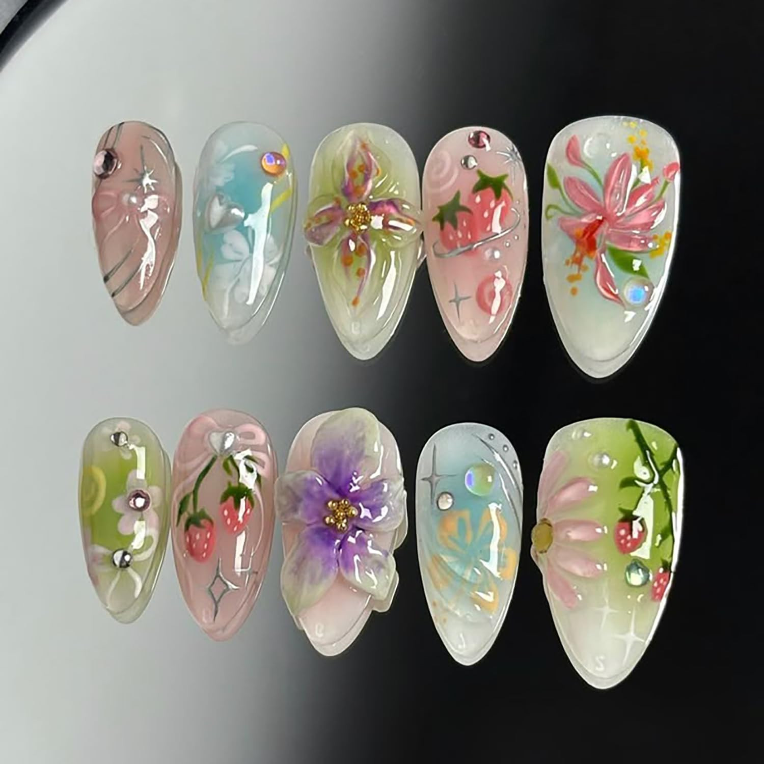 30Pcs Summer Press on Nails Medium Almond Fake Nails with 3D Starfish Designs, 3