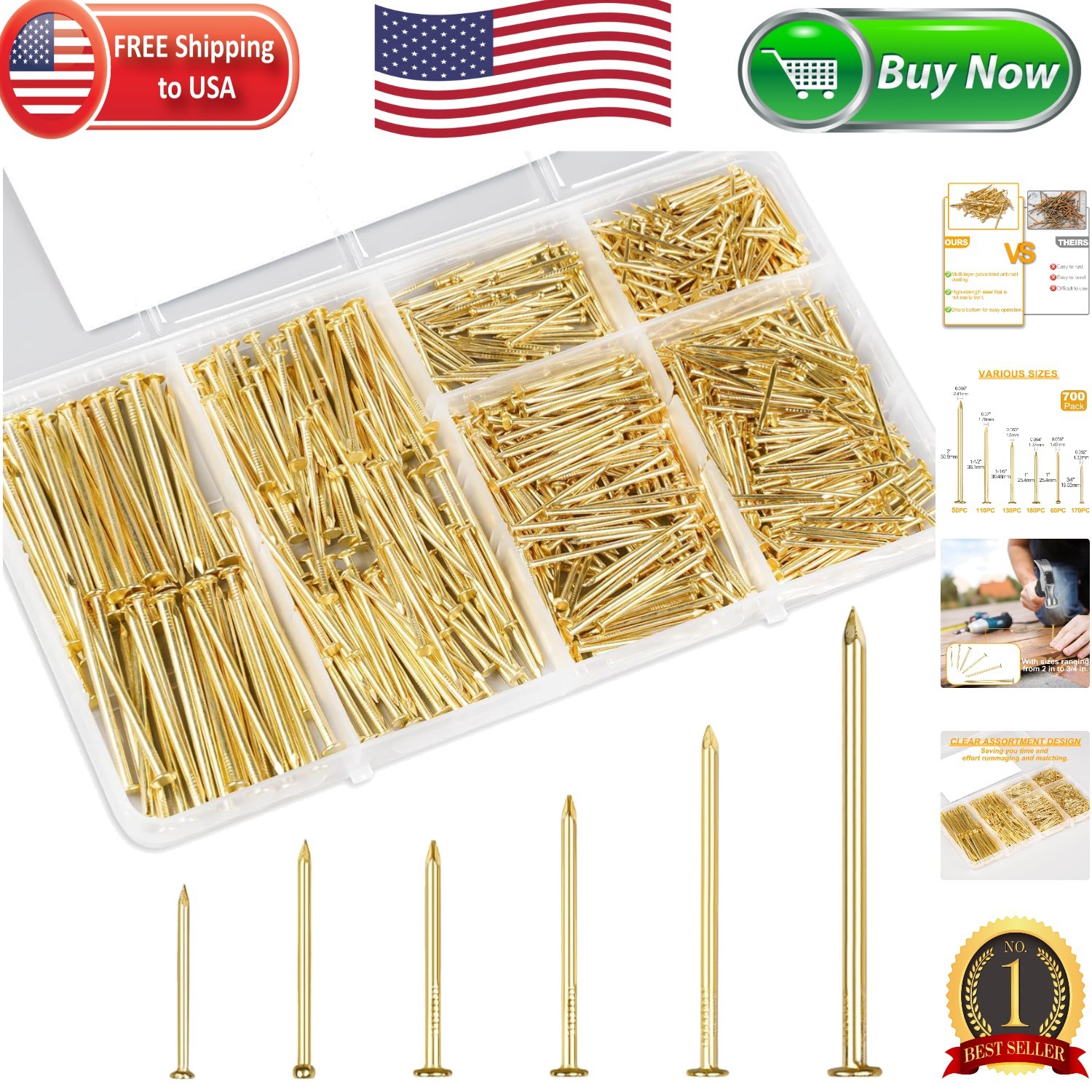 Elegant Gold Picture Hanging Nails Assortment Kit – 700 Pcs for Art Frames