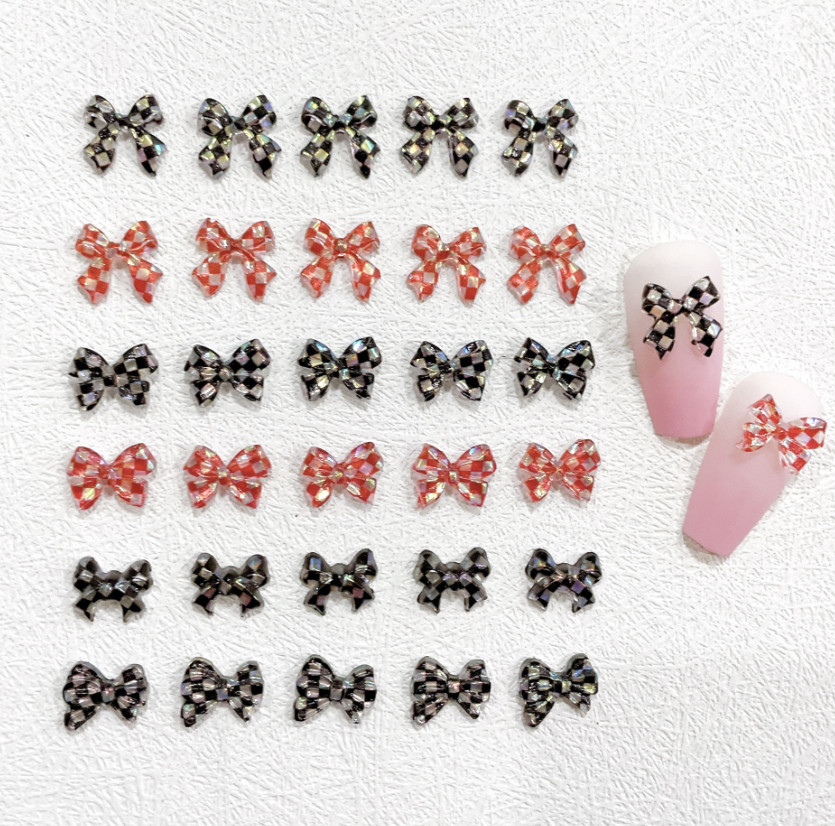10PCS Retro Butterfly Checkered Bow Nail Art Charms Acrylic Ribbon Bowknot Decor