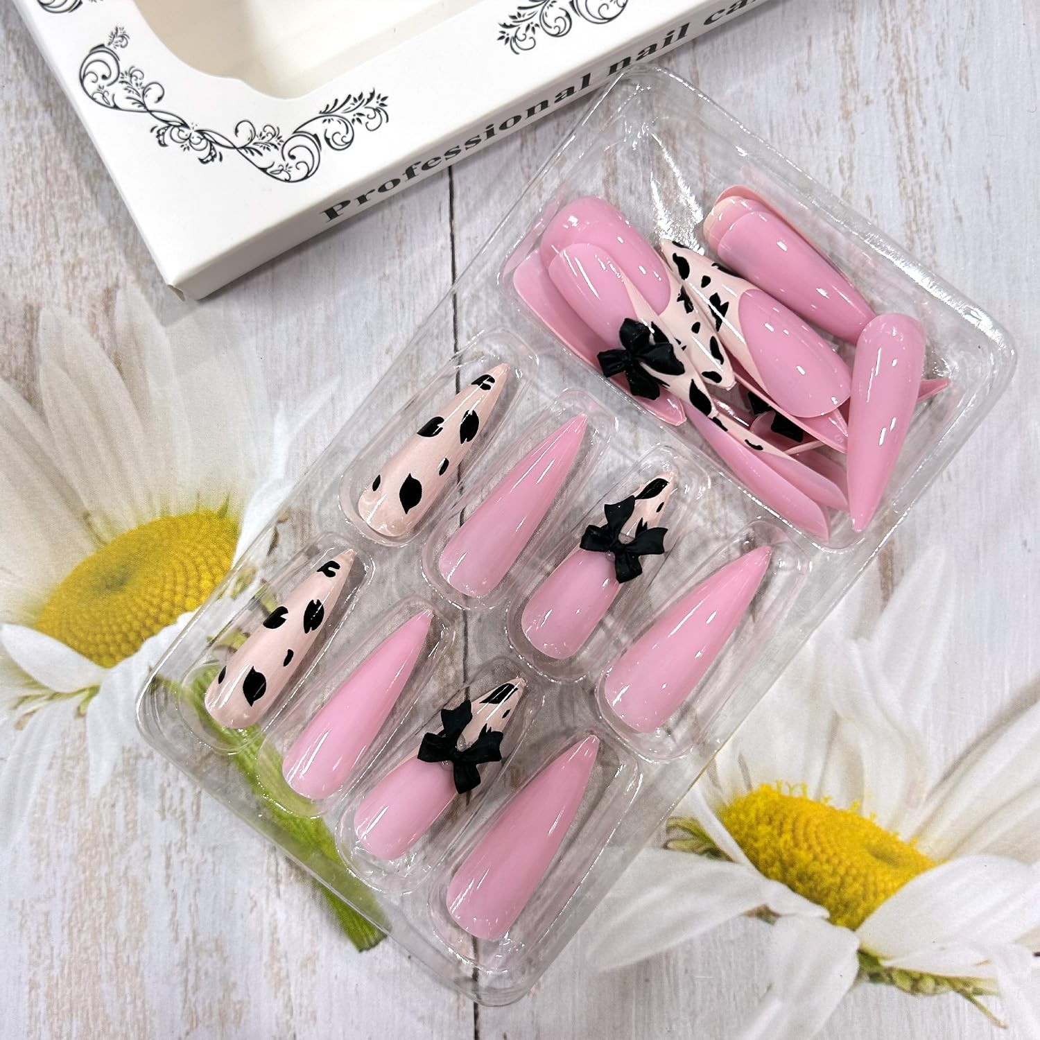 Pink Leopard Press on Nails Long Length Almond Tip False Nails 3D Black Bow D…