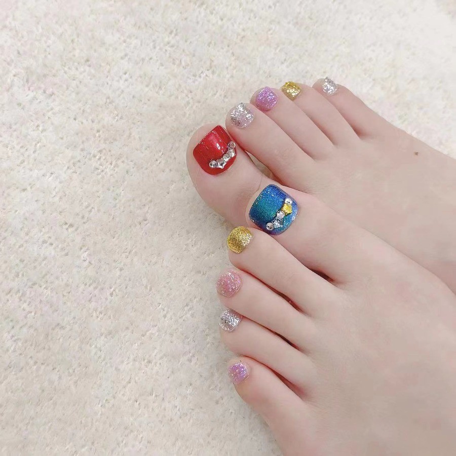 10Pcs Gradient Glitter Cat Eye toenails Press On Nails Summer Vacation Photo