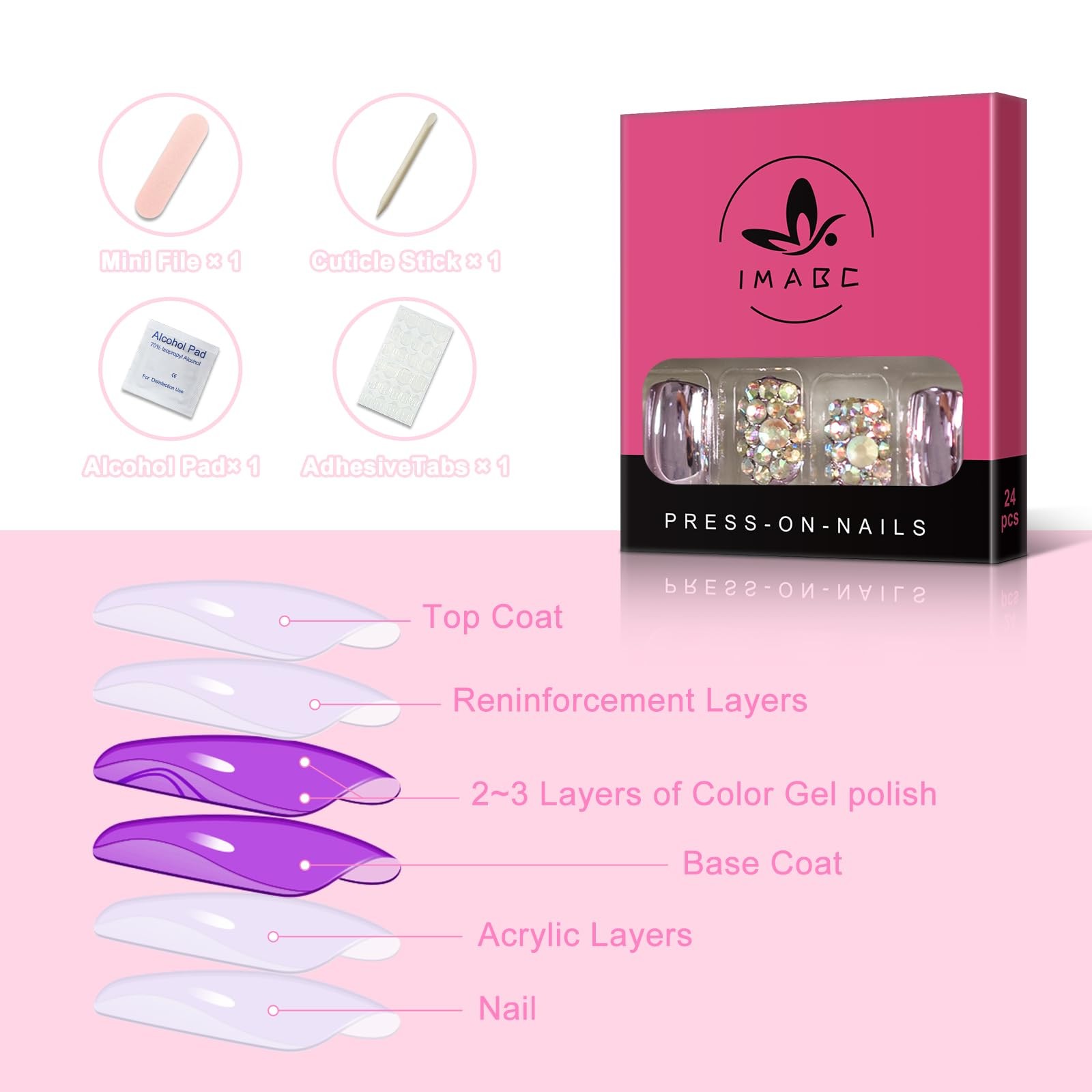 iMABC Luxury Press On Nails With Rhinestones Crystal 27 Piece Set, L5537