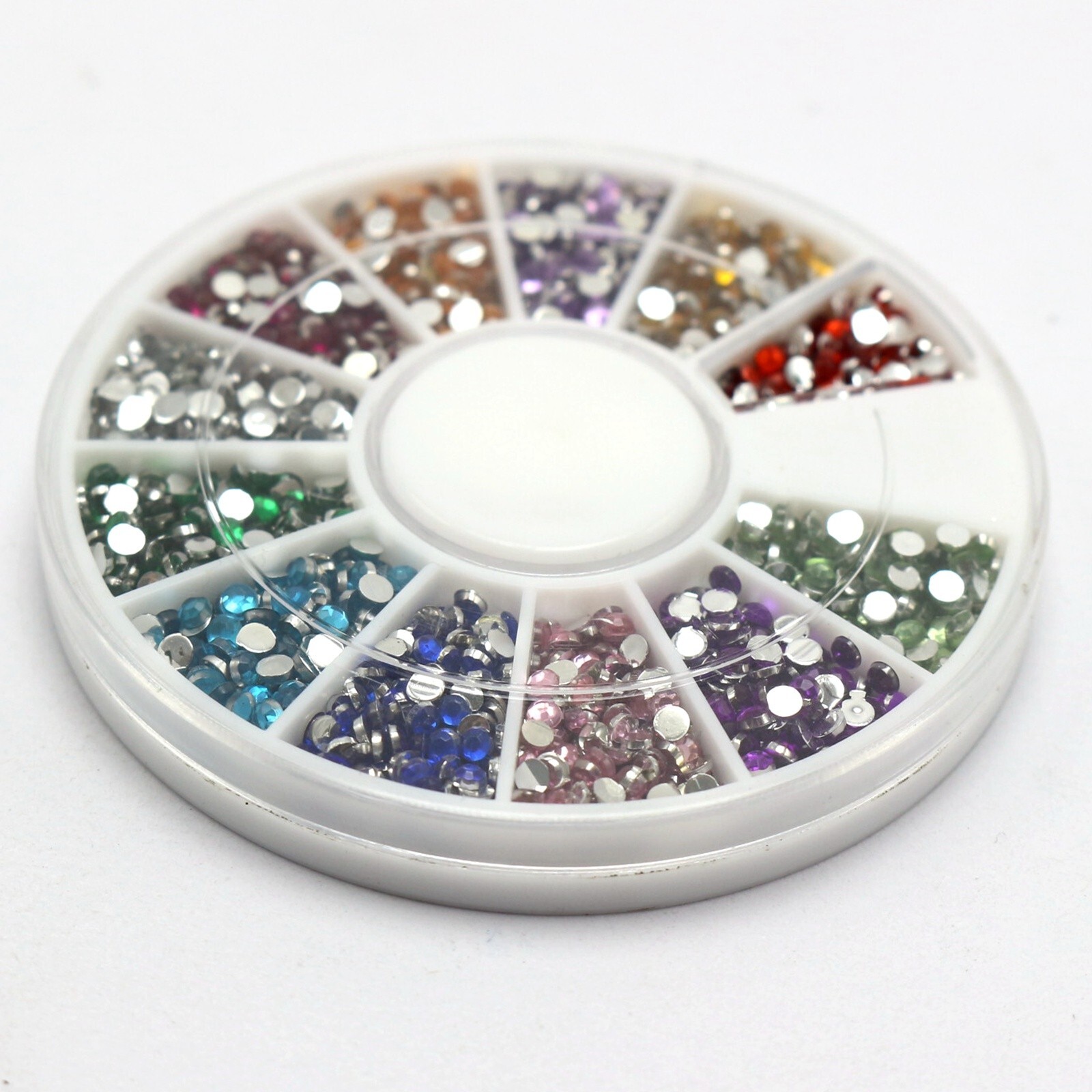 1200 Acrylic Nail Art Round Flatback Rhinestone Gem 2mm with Wheel 12 Colour