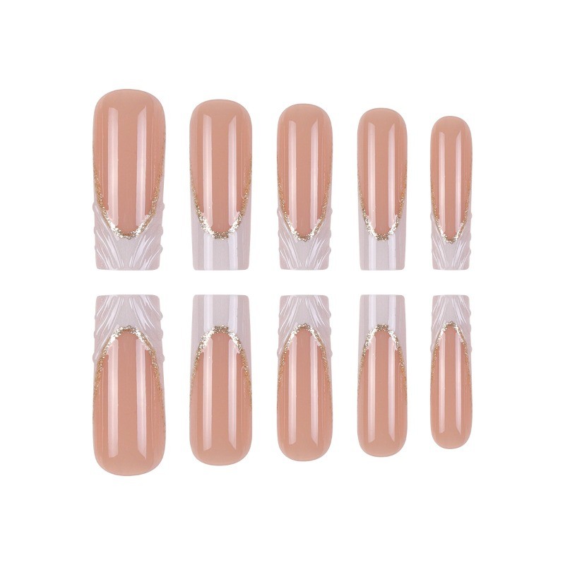 48pcs-Long Coffin Press on Nails, Nude Pink with 3D White Ribbon & Gold Lining