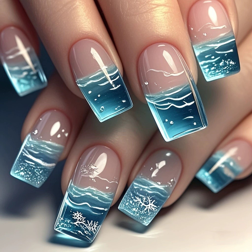 24pcs Press on Nails Goldfish Bubble Long Square Glossy Reusable Fake Nails
