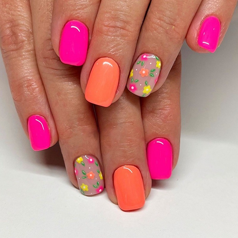 48pcs-Summer Floral Press on Nails, Short Round Glossy Pink Orange Fake Nails