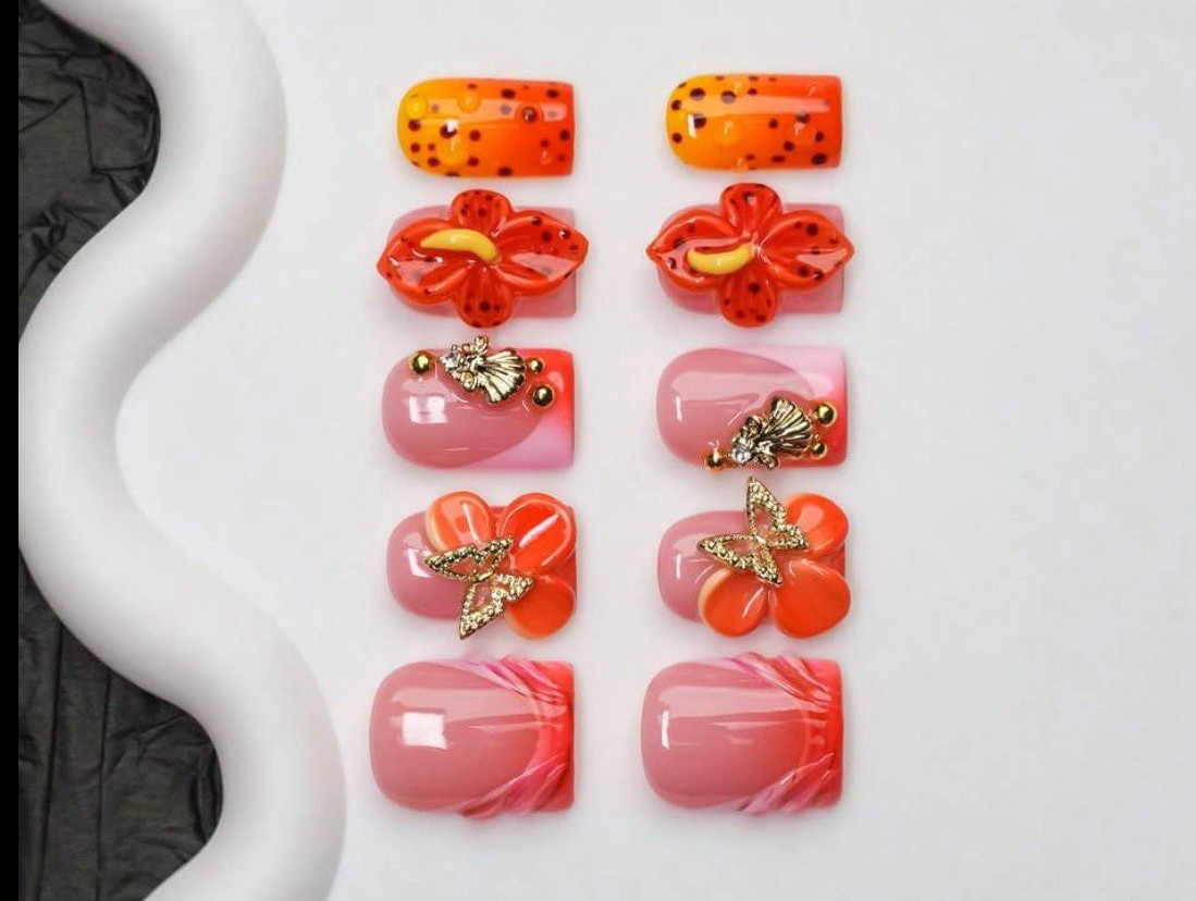 3D Butterfly Press-On Nails Short Square Full Cover Shiny Pink Orange Set