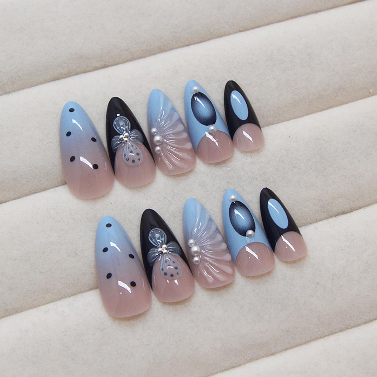 24Pcs French Tip Press On Nails Blue Black Long Almond Fake Nails Flower Fals…