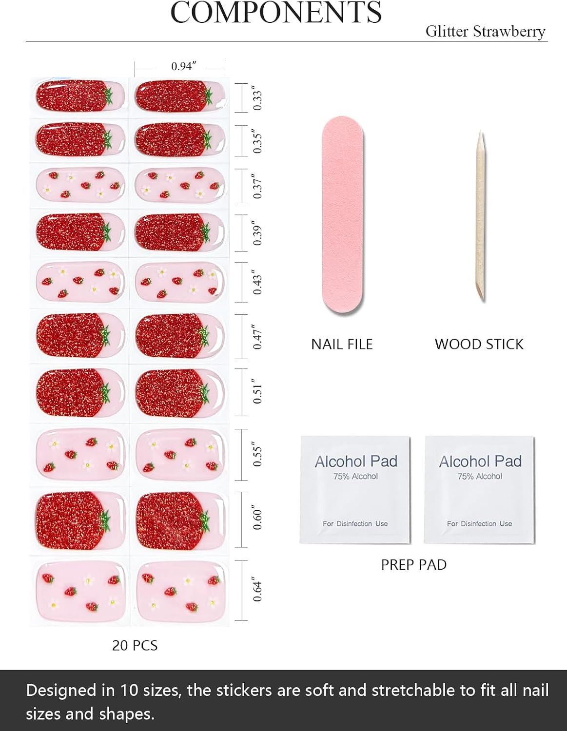 Semi Cured Gel Nail Strips (Glitter Strawberry), 20 Pcs Gel Nail Wraps, Stickers