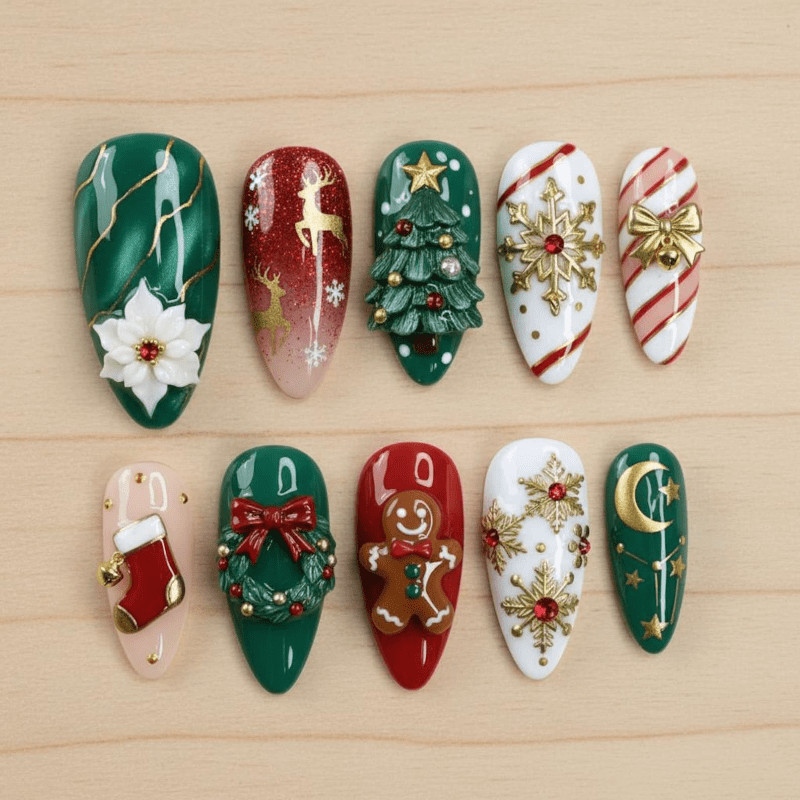 Christmas Deer Handmade Press on Nails Tree Gingerbread Snowflake Fake Nails