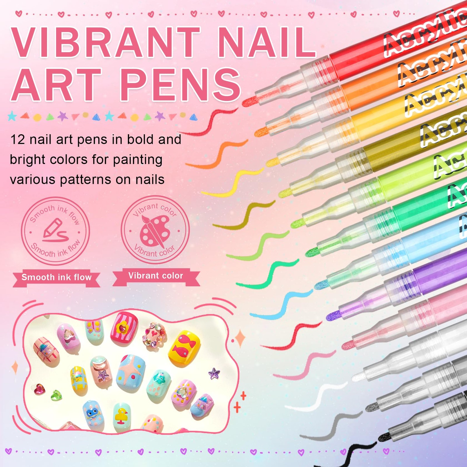 12 Colors Nail Art Pens Set Fine Tip Quick Dry Acrylic Paint Markers for DIY Des