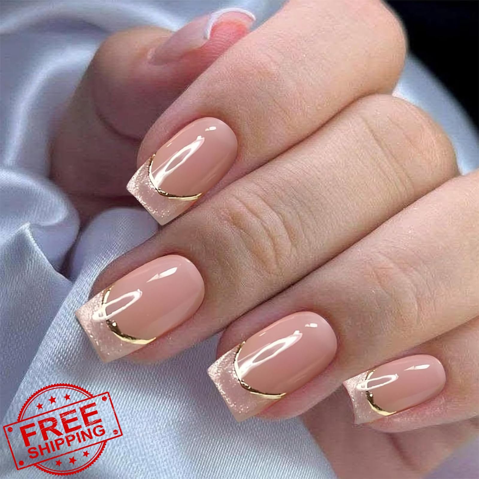 SEMATA Pink French Tip Square Nails Cat Eye Gold Line Design