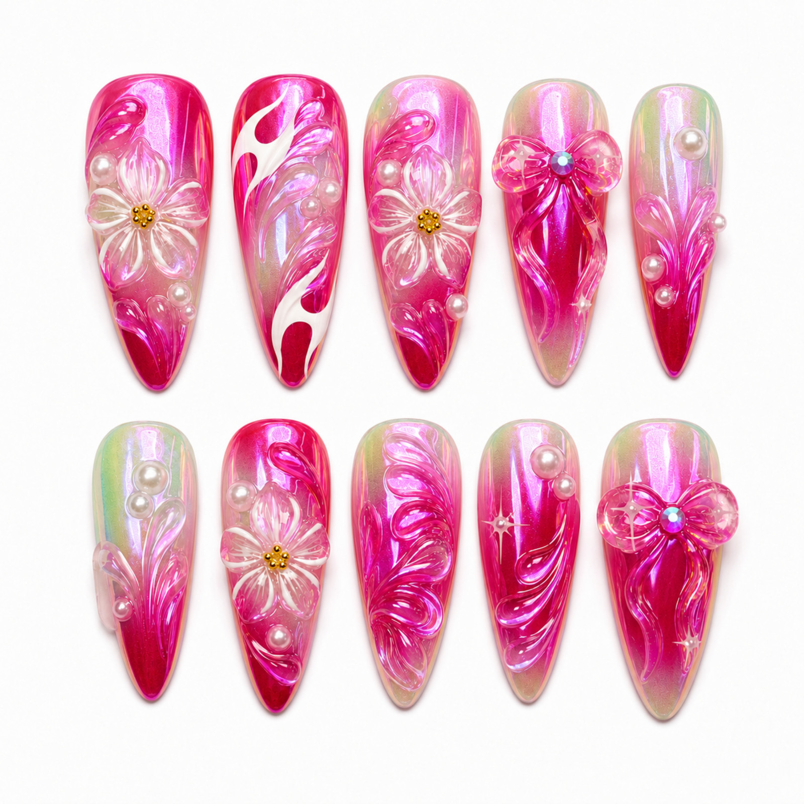 Handmade Pink Chrome 3D Floral Bow Pearl Press On Nails Custom Set