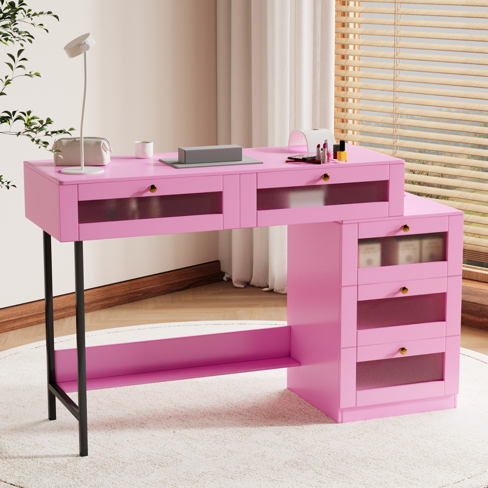 Pink Manicure Table Nail Desk Nail Table Beauty Salon Station w/Storage Drawers