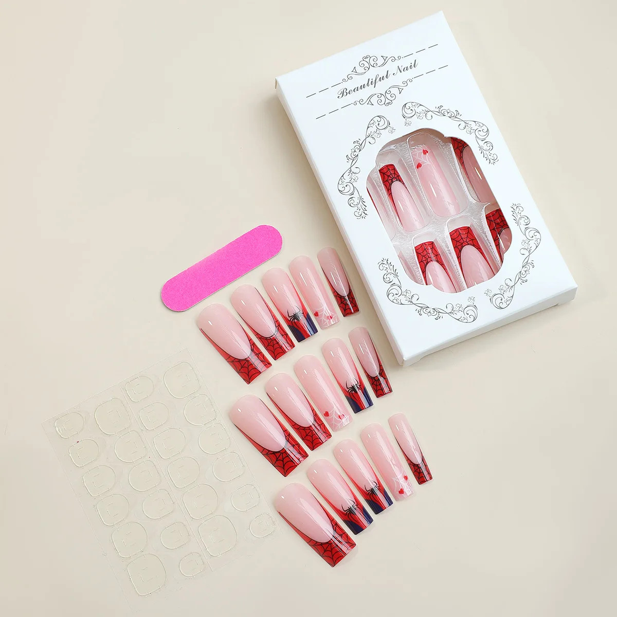 24pcs Halloween Spider Fake Nails French Coffin Full Cover Artificial Nail Tips