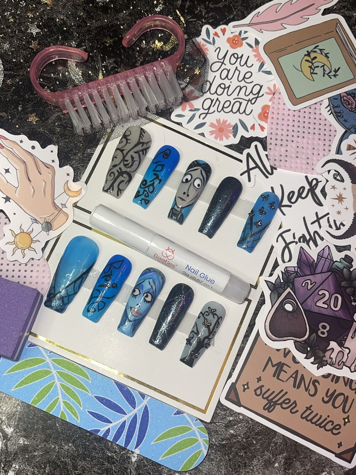 Corpse Bride Handpainted Press on Nails. includes Prep Kit