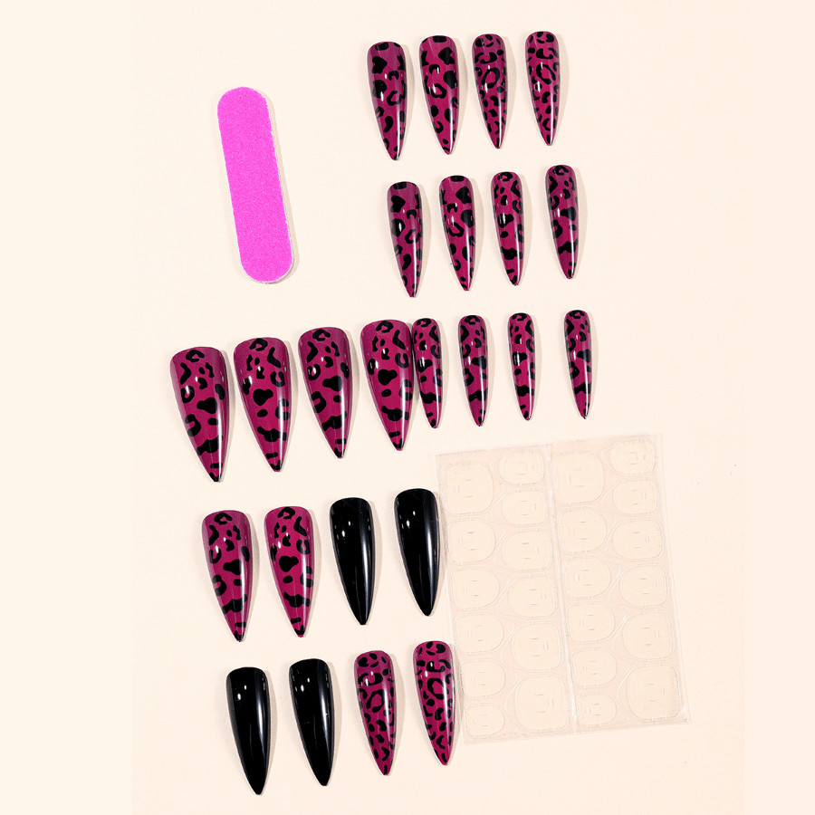 48pcs Stiletto Press on Nails, Hot Pink Leopard Print Solid Black Trendy Nails