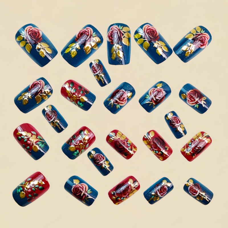 48Pcs-Short Square Teal Burgundy Rose Gold Leaf Hand Painted Press on Nails Set