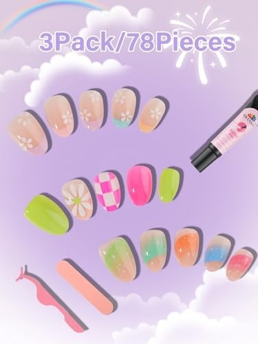 78 Pcs Colorful Flower Press-On Nails for Kids 8-12, Fake Nail Kit with Adhesive