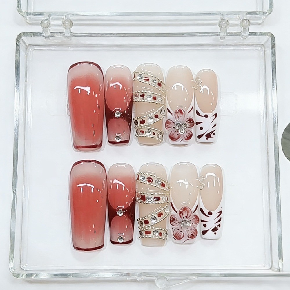 10pcs Red White Flower Press on Nails Rhinestone Long Coffin Fake Nail Tips