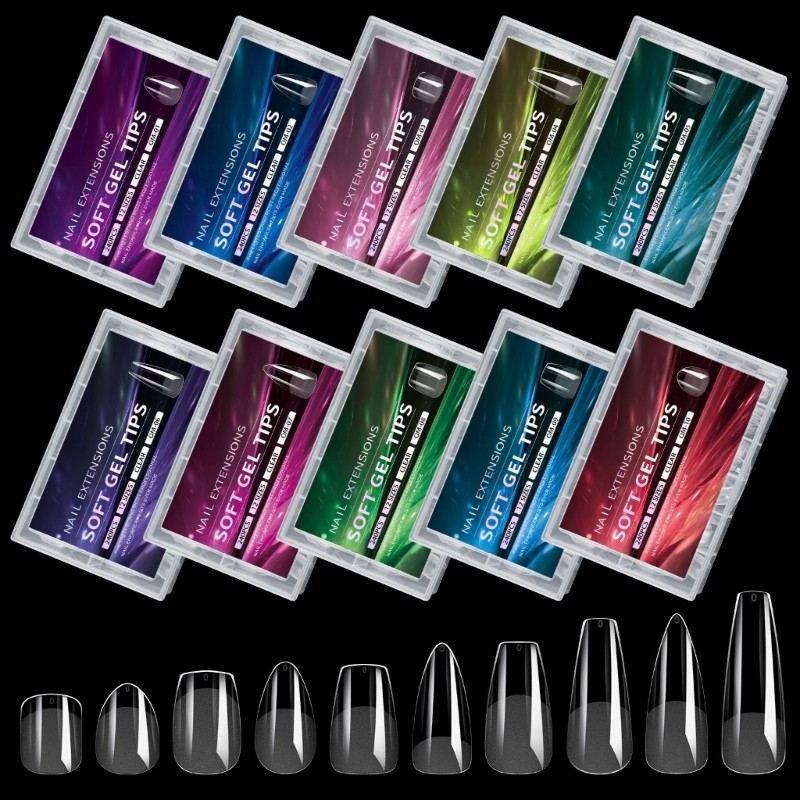 Almond Nail Tips 240pcs Clear Gel Full Cover 12 Sizes with Storage Box