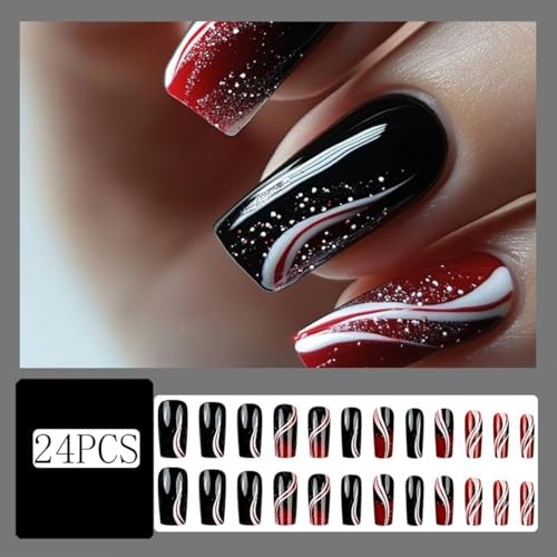Coffin Press on Nails Medium Length Fake Nails Black Red Gradient Style 21