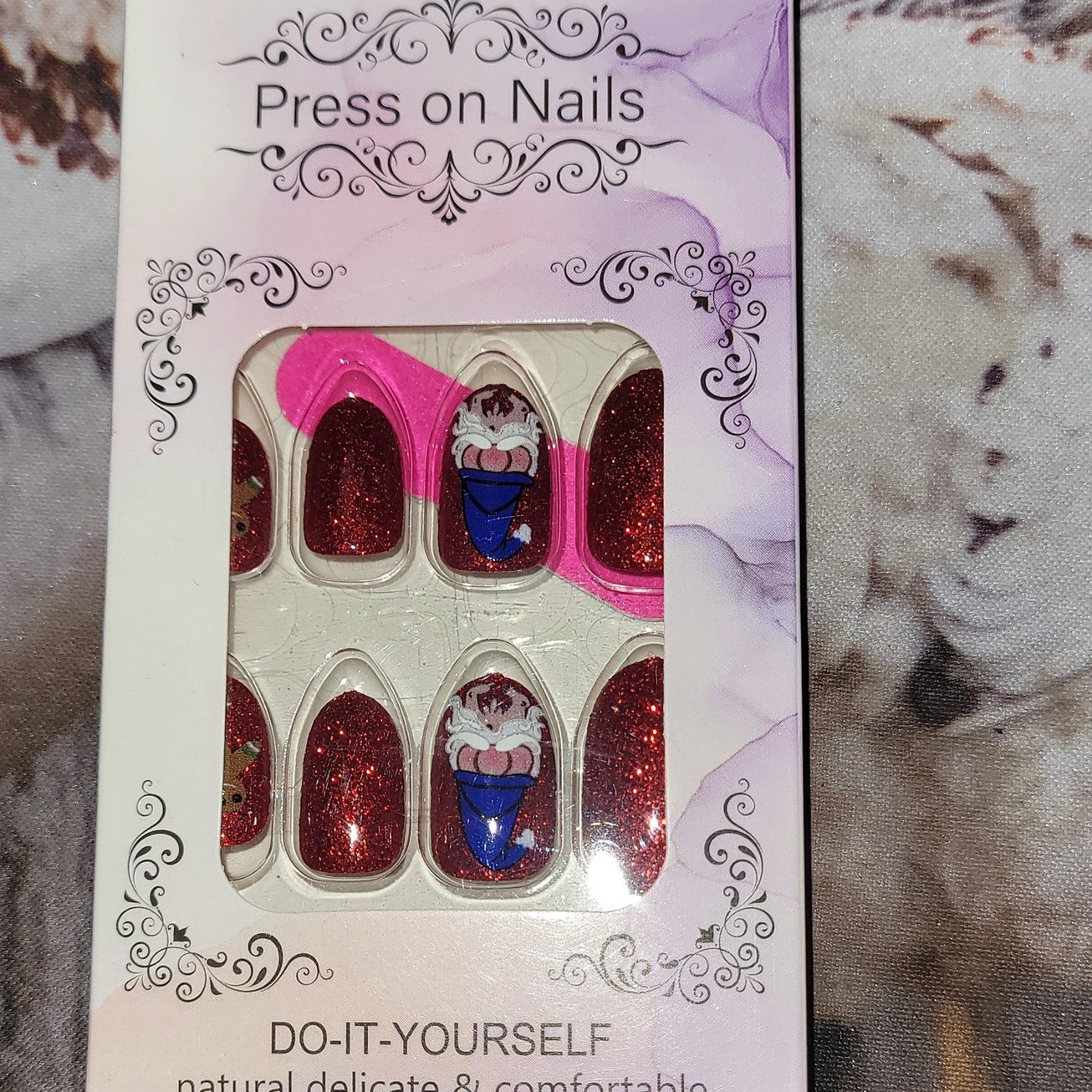 Pre-Designed Press-On Nails Short Oval Christmas Red Glitter Multicolor