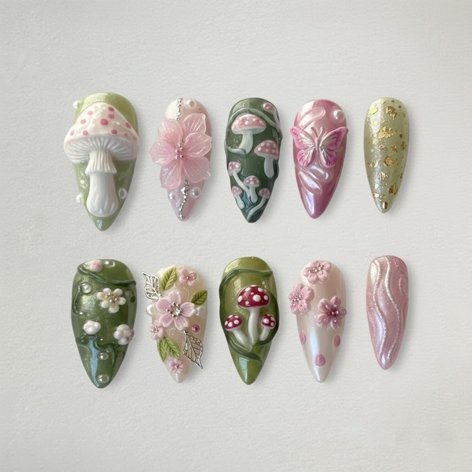 Handmade Green Pink 3D Mushroom Flower Butterfly Long Stiletto Press on Nails