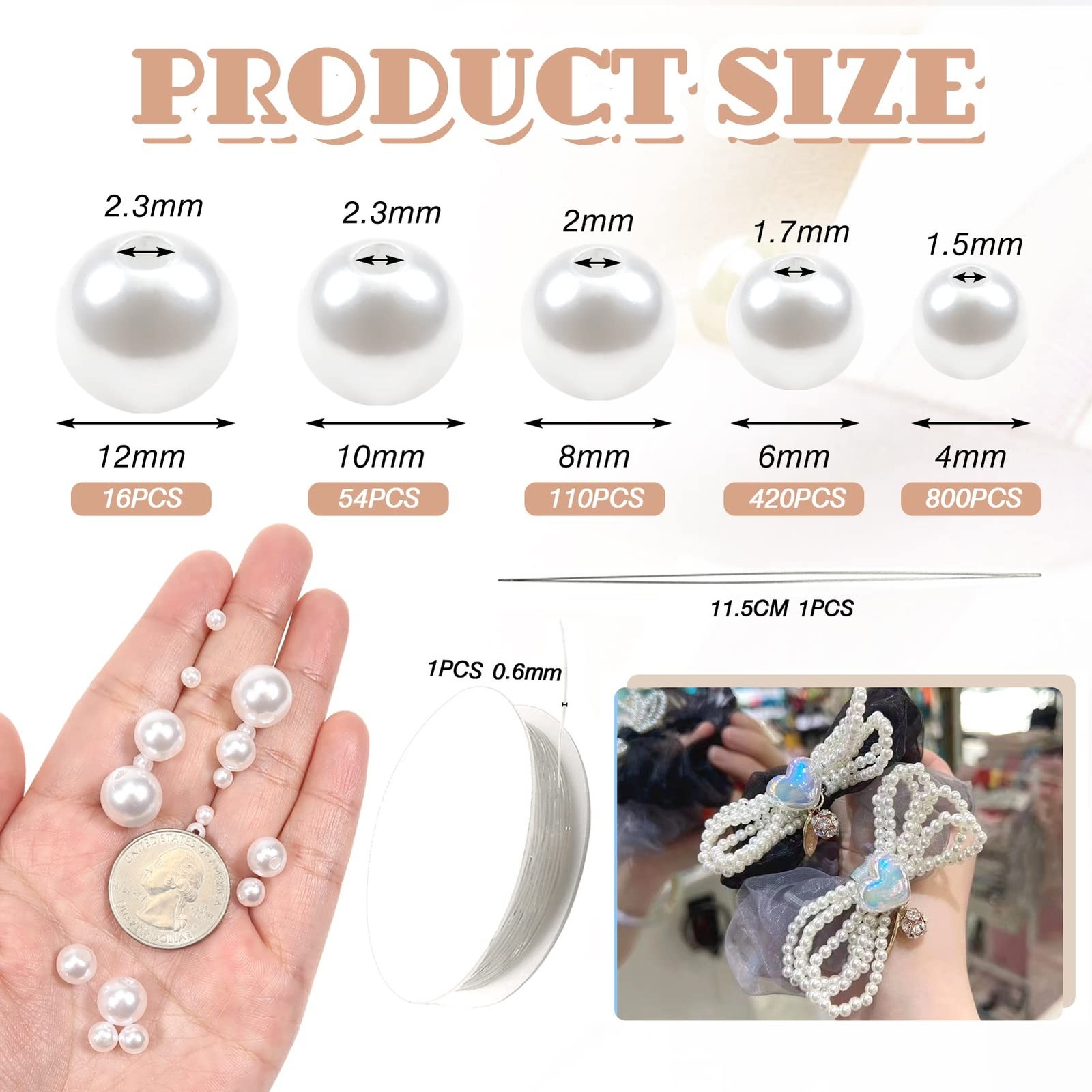 TOAOB 1400pcs Pearl Beads 4mm to 12mm White Pearls Craft Beads Loose Round Fa…