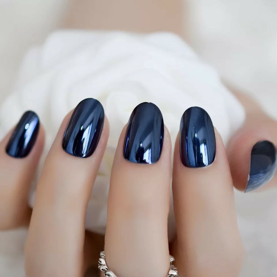 Metallic Dark Blue Chrome Press On Nails medium short Mirror Shiny Goth Fast