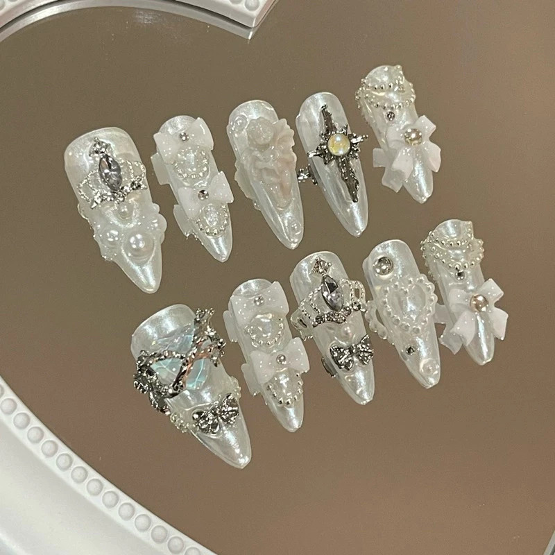 Gel nails, pre-made false nails, handmade, durable, Pearl white, luxurious 1 set