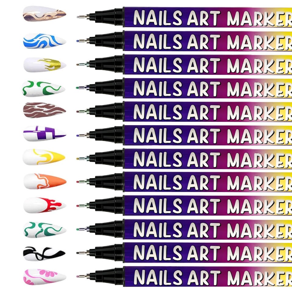 12 Colors Nail Art Pens Set 3D Nail Polish Pens Graffiti Dotting Pen Acrylic Pai
