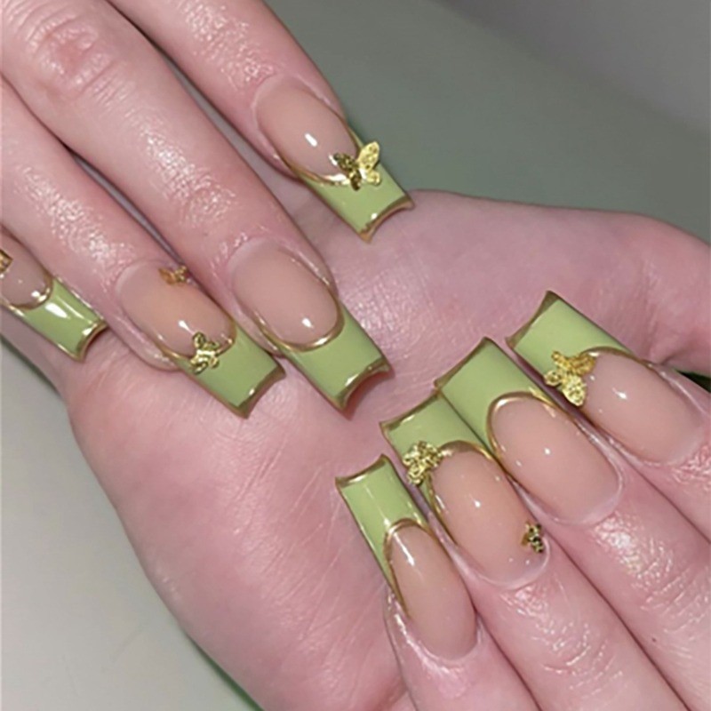 48pcs-Light Green French Tip Coffin Press on Nails with Gold Butterfly Accents