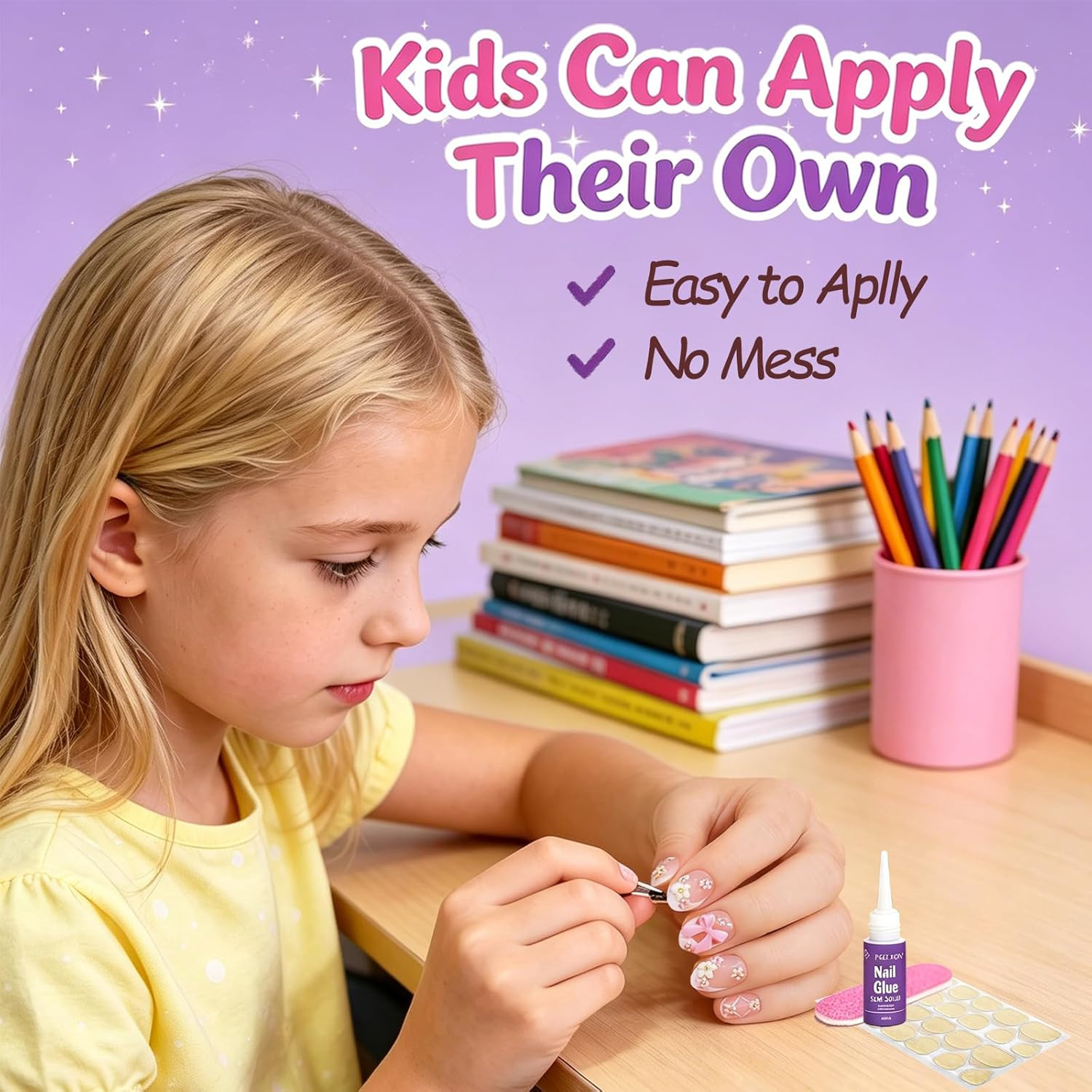 24Pcs Press on Nails for Kids, Trendy Ballet Bow & Flower for Girls 8-12 | Almon