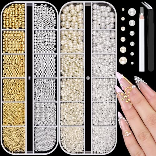 Flatback Pearls (White+Beige) 17 Silver Gold Nail Beads and Beige White Pearls
