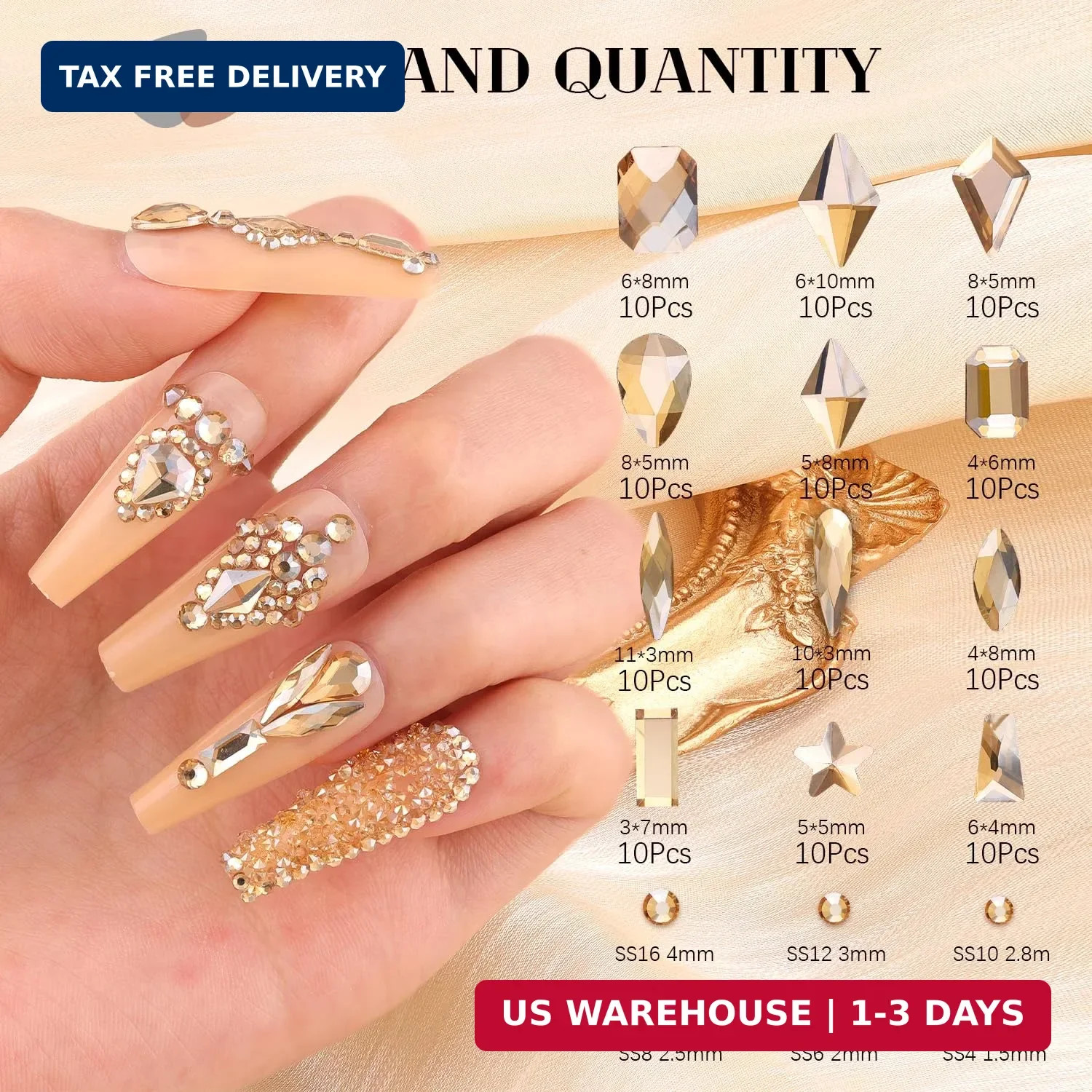 3220Pcs Gold Nail Rhinestones, 1.5-4mm Mini Flatback Crystal & 3D Multi Shapes G