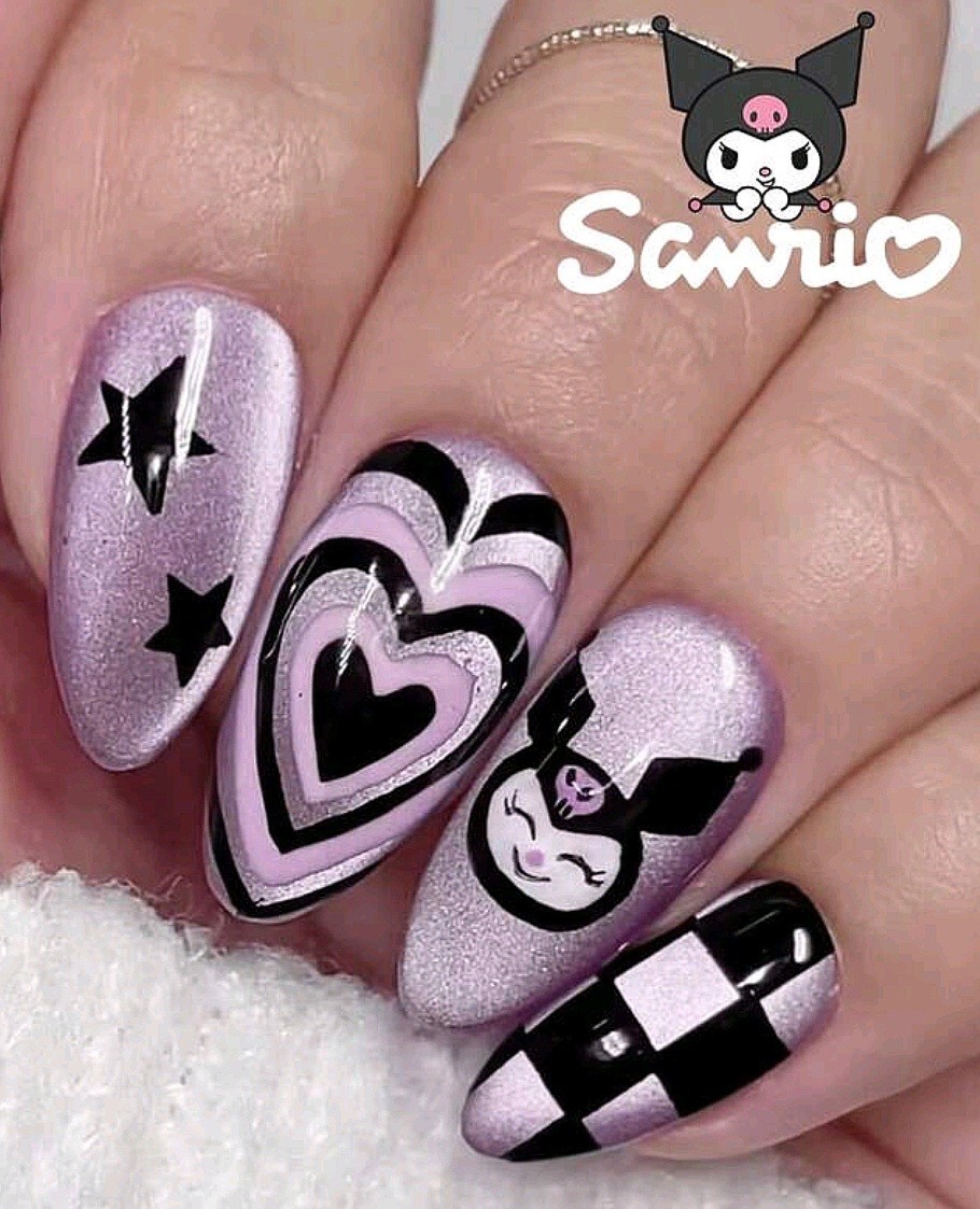 Press-On Nails SANRIO Black Pink/Lavender Silver Kuromi Medium/Long Glitter