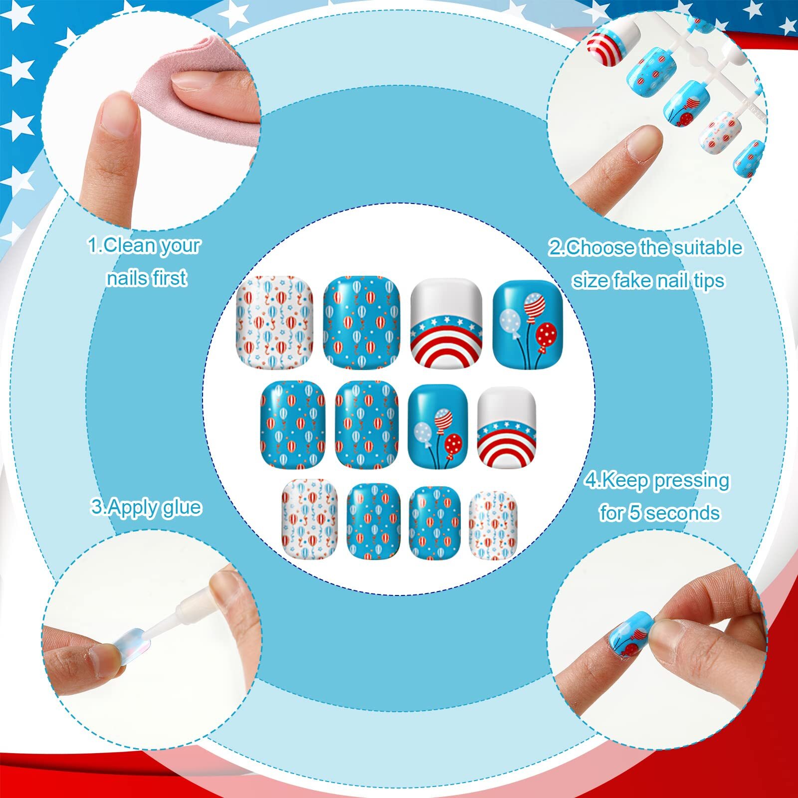 384 Pieces 16 Pack 4th of July Press On Nails Short Patriotic Press On Nails