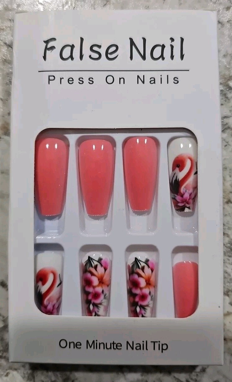 Chic Flamingo & Floral Press-On Nails – Medium Ballet Shape, Glossy Finish 24