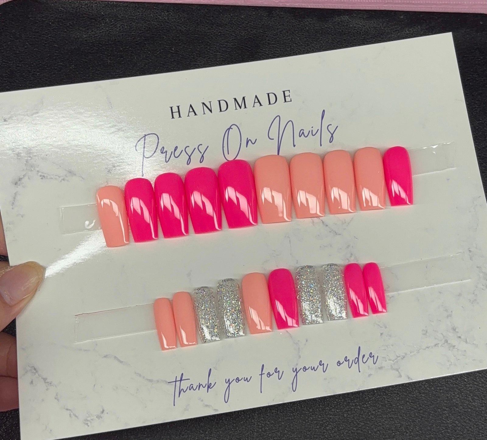 Medium square Press on nails silver glitter neon pink peach handmade gel