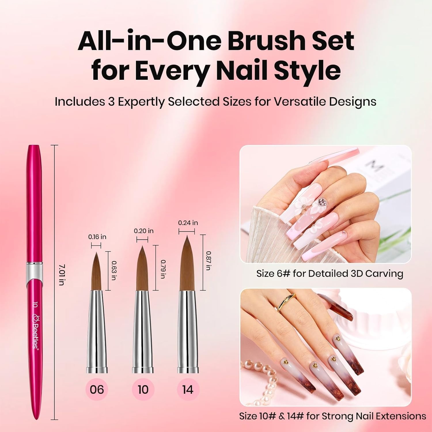 Professional Acrylic Nail Brush Set 3 Sizes with Steel Comb for Easy Cleaning